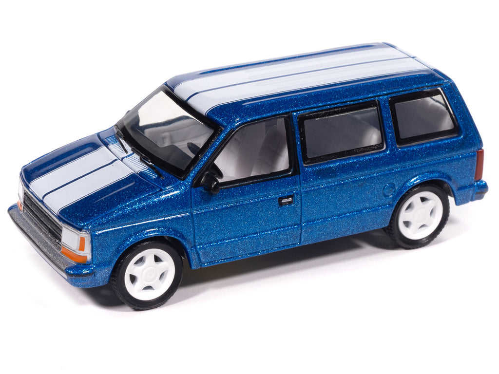 1989 Plymouth Voyager Turbo Van Daytona Blue Metallic with White Stripes and Interior 'Mighty Minivans' Series 1/64 Diecast Model Car by Auto World