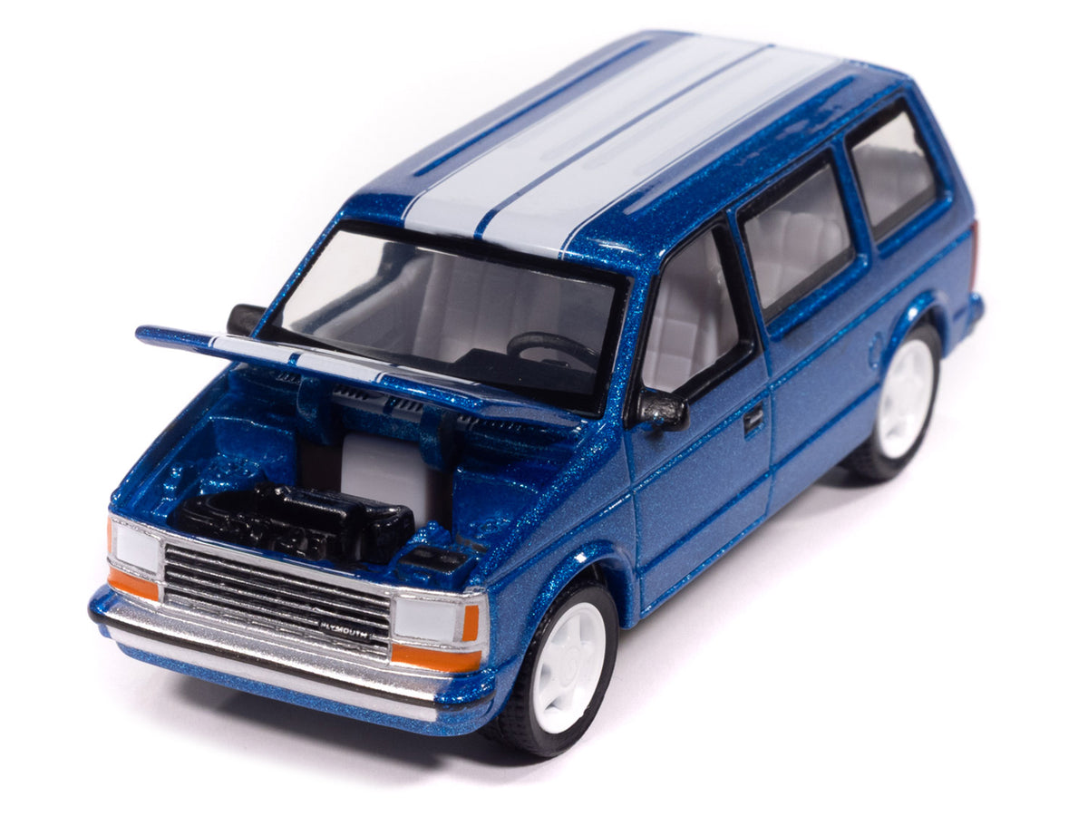 1989 Plymouth Voyager Turbo Van Daytona Blue Metallic with White Stripes and Interior 'Mighty Minivans' Series 1/64 Diecast Model Car by Auto World