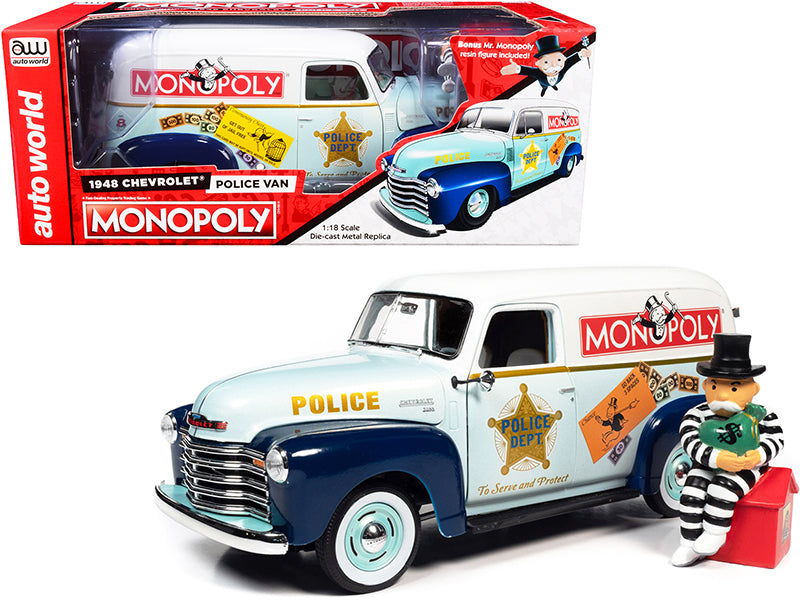 1948 Chevrolet Panel Police Van with Mr. Monopoly Figurine 'Monopoly' 1/18 Diecast Model Car by Auto World