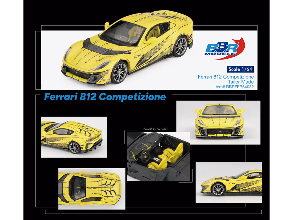 Ferrari 812 Competizione Matt Yellow with Graphics and Yellow Interior 'Tailor Made' 1/64 Diecast Model Car by BBR