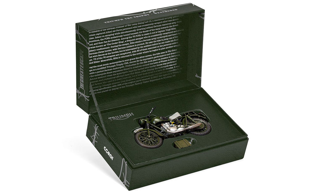 Triumph TR6 Trophy Motorcycle Dark Green (Weathered) 'The Great Escape' (1963) Movie Diecast Model by Corgi