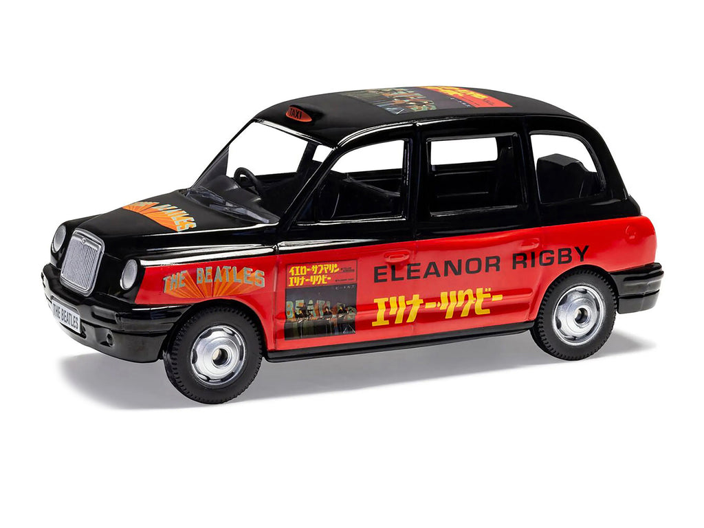 The Beatles London Taxi RHD (Right Hand Drive) 'Eleanor Rigby - Yellow Submarine' Black and Red with Graphics Diecast Model by Corgi