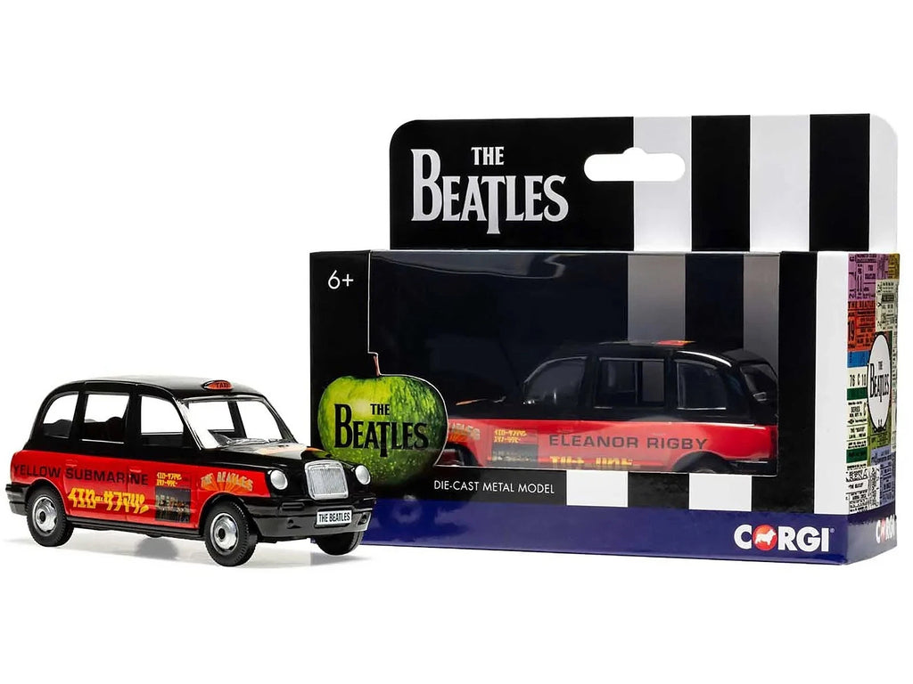 The Beatles London Taxi RHD (Right Hand Drive) 'Eleanor Rigby - Yellow Submarine' Black and Red with Graphics Diecast Model by Corgi