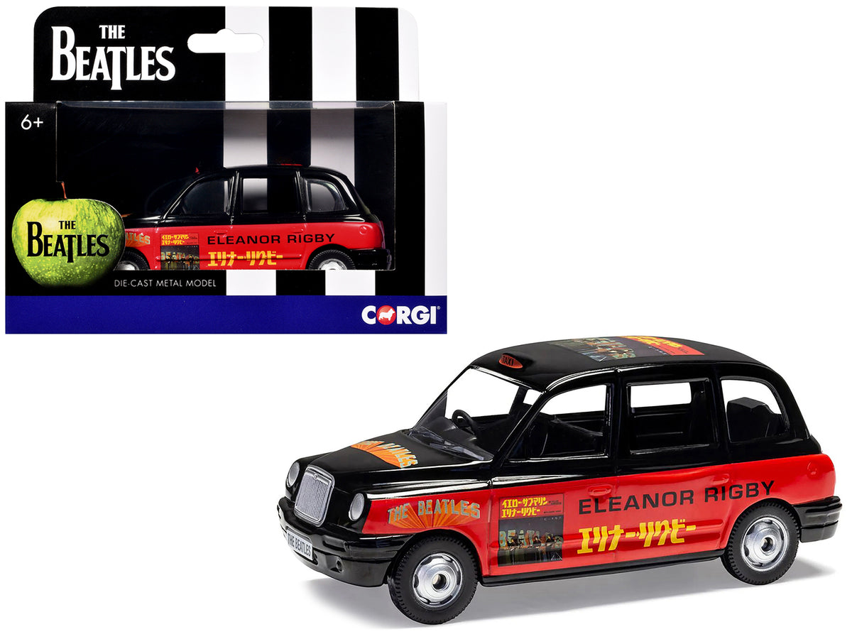 The Beatles London Taxi RHD (Right Hand Drive) 'Eleanor Rigby - Yellow Submarine' Black and Red with Graphics Diecast Model by Corgi