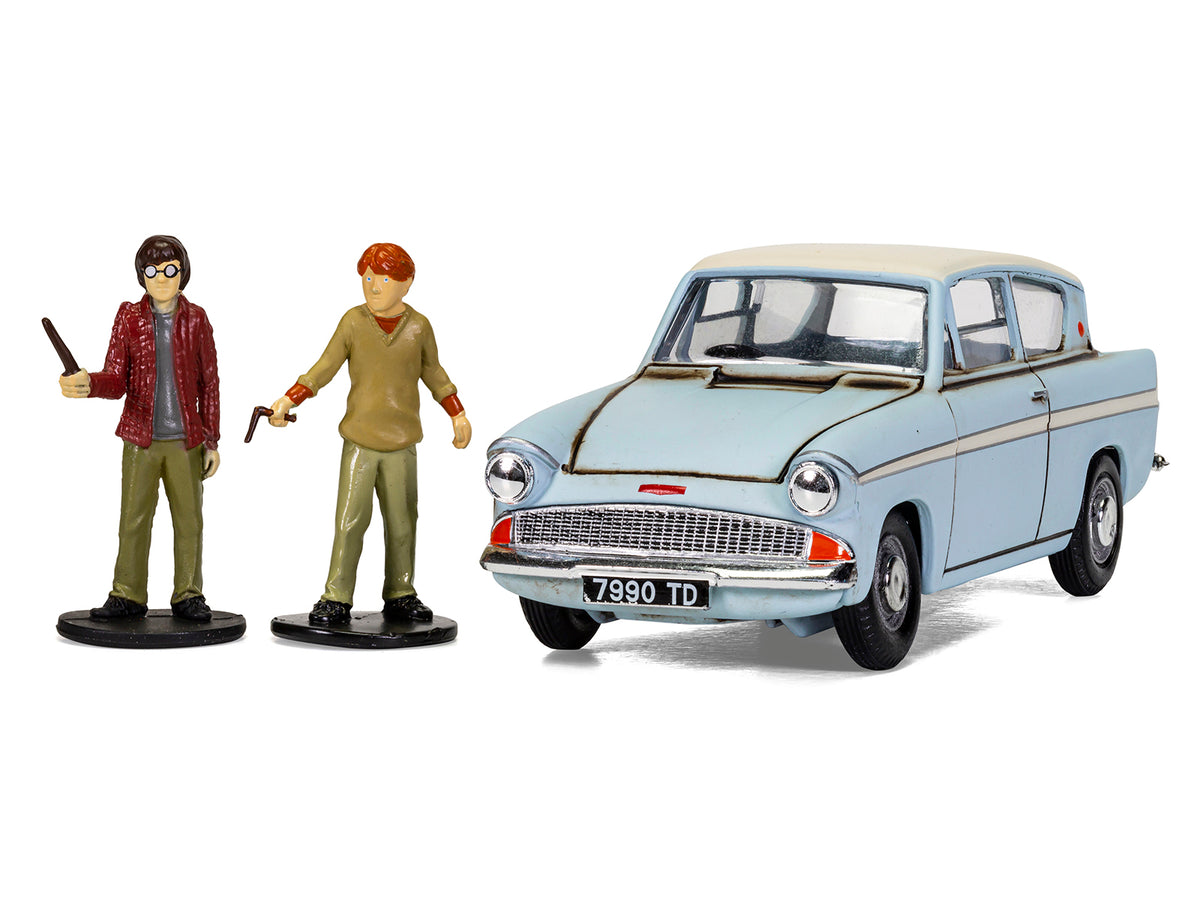 Flying Ford Anglia RHD (Right Hand Drive) Light Blue with White Top (Weathered) with Harry and Ron Figures 'Harry Potter' Movie Series Diecast Model by Corgi