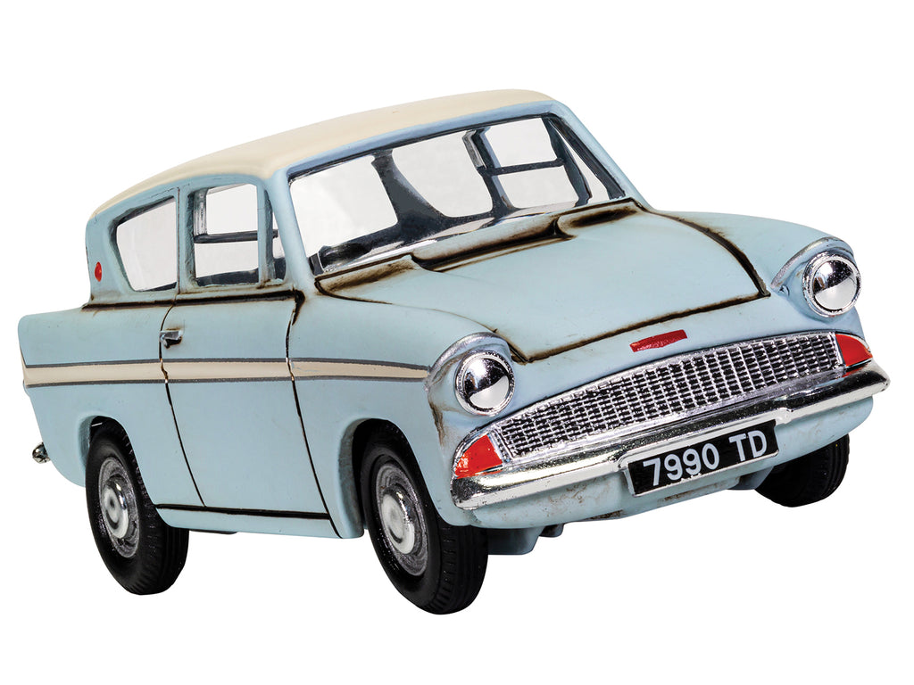 Flying Ford Anglia RHD (Right Hand Drive) Light Blue with White Top (Weathered) with Harry and Ron Figures 'Harry Potter' Movie Series Diecast Model by Corgi