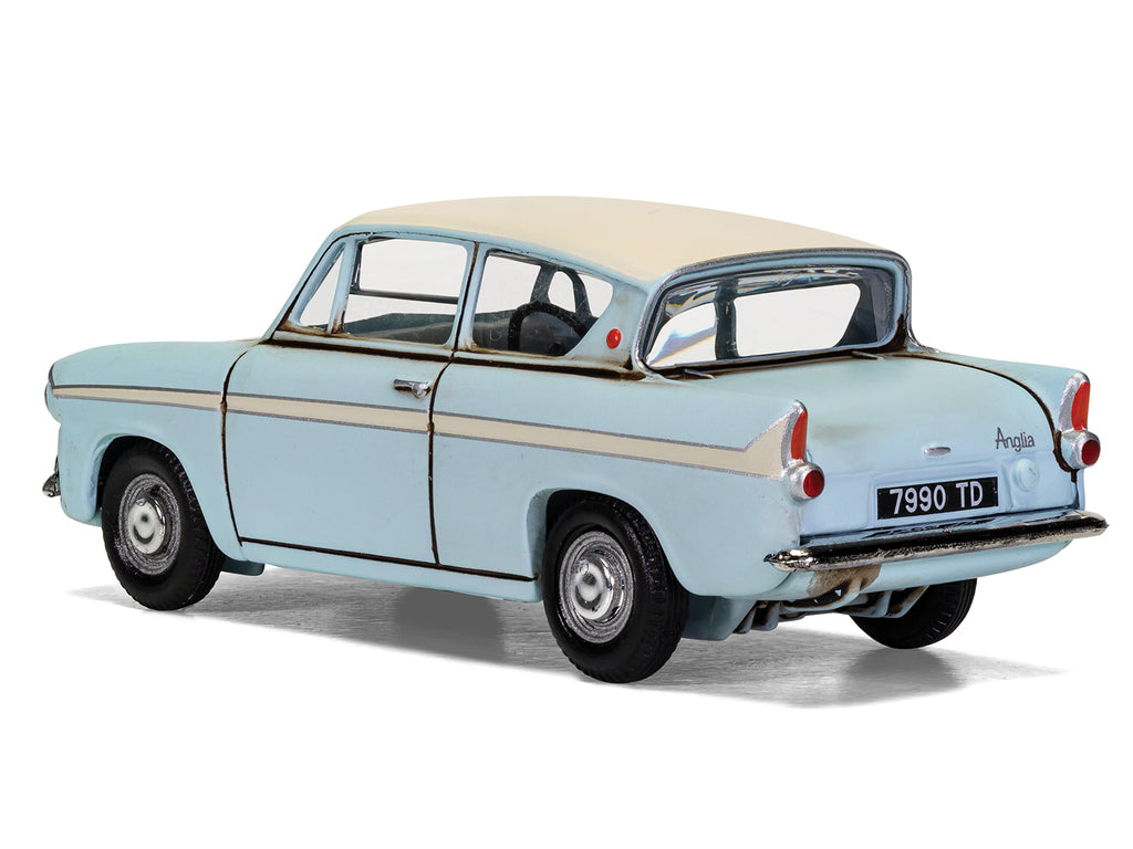Flying Ford Anglia RHD (Right Hand Drive) Light Blue with White Top (Weathered) with Harry and Ron Figures 'Harry Potter' Movie Series Diecast Model by Corgi