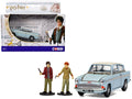 Flying Ford Anglia RHD (Right Hand Drive) Light Blue with White Top (Weathered) with Harry and Ron Figures 'Harry Potter' Movie Series Diecast Model by Corgi