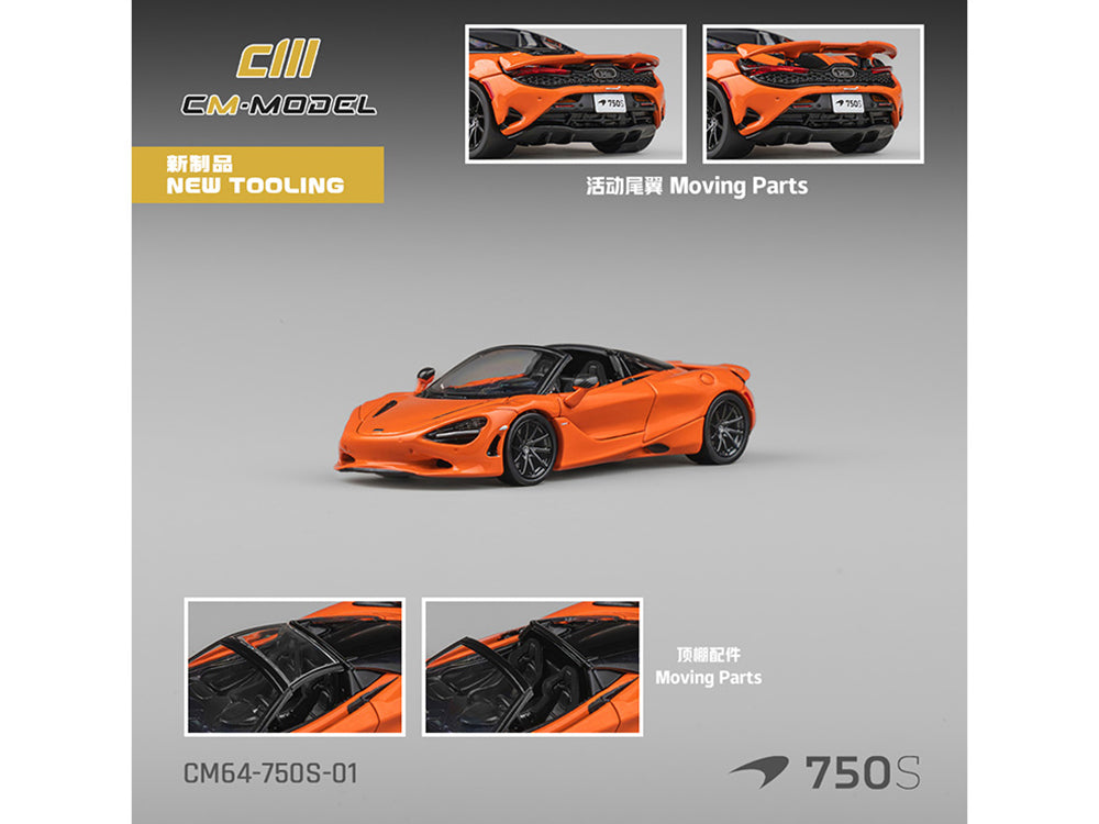 McLaren 750S Spider Orange with Black Accents 1/64 Diecast Model Car by CM Models