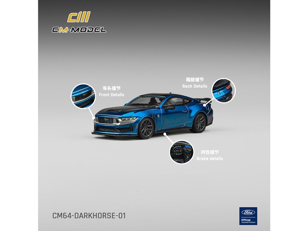 Ford Mustang Dark Horse Blue Metallic with Matt Black Hood and Black Top 1/64 Diecast Model Car by CM Models