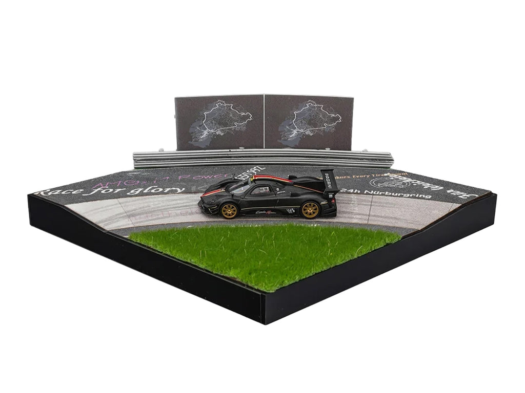 Nurburgring Diorama Set with Pagani Zonda Revolucion Carbon with Red and Gold Stripes and Extra Wheels 1/64 Diecast Model Car by CM Model