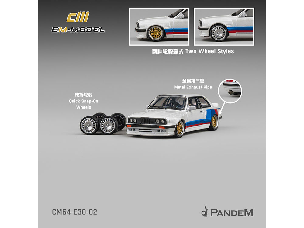 Pandem E30 V1 White with Stripes and Extra Wheels 1/64 Diecast Model Car by CM Models