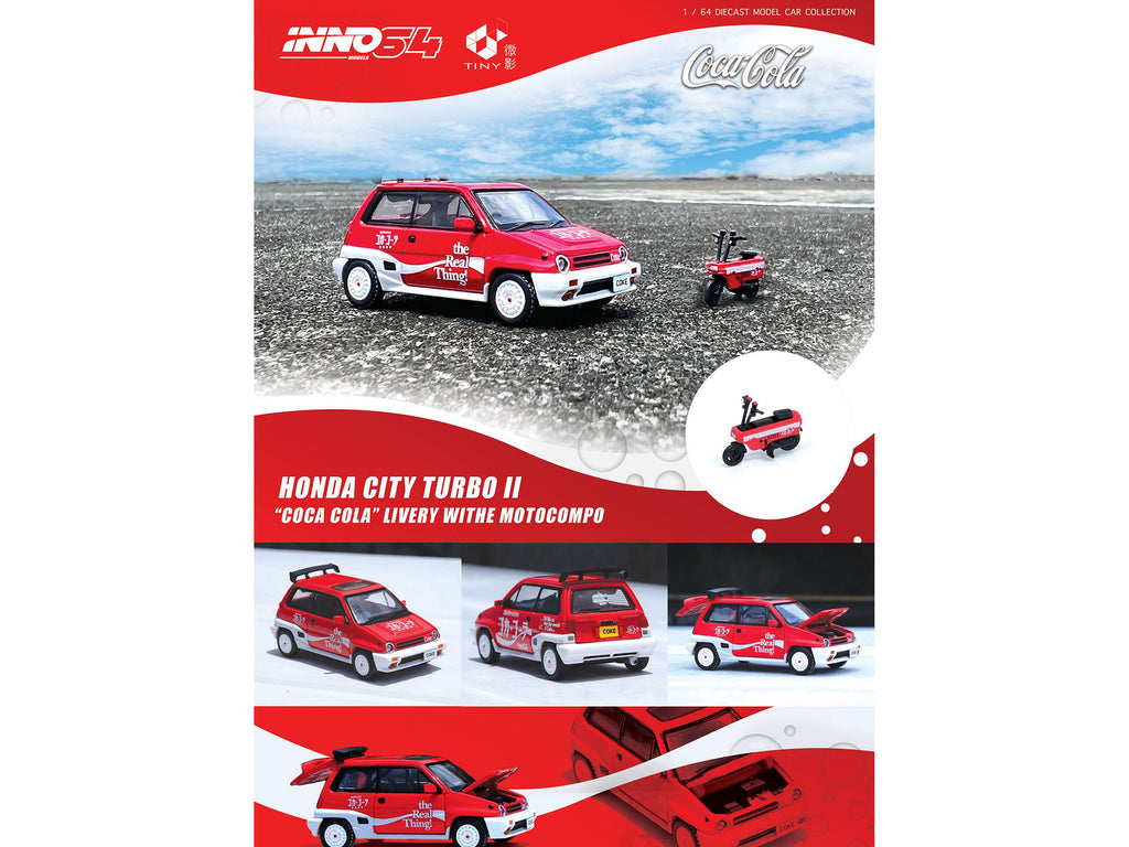 Honda City Turbo II RHD (Right Hand Drive) Red and White 'Coca-Cola' with Honda Motocompo Scooter 1/64 Diecast Model Car by Inno Models