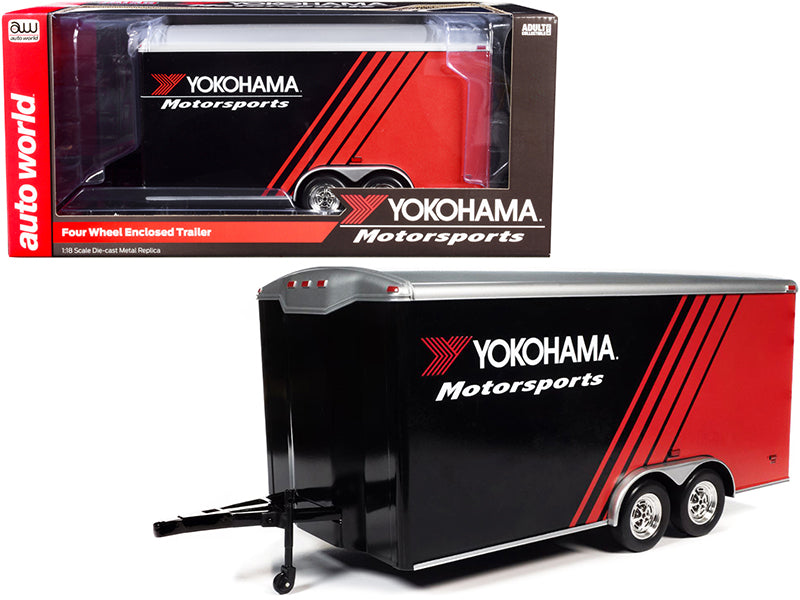 Four Wheel Enclosed Car Trailer 'Yokohama Motorsports' Black and Red for 1/18 Scale Model Cars by Auto World