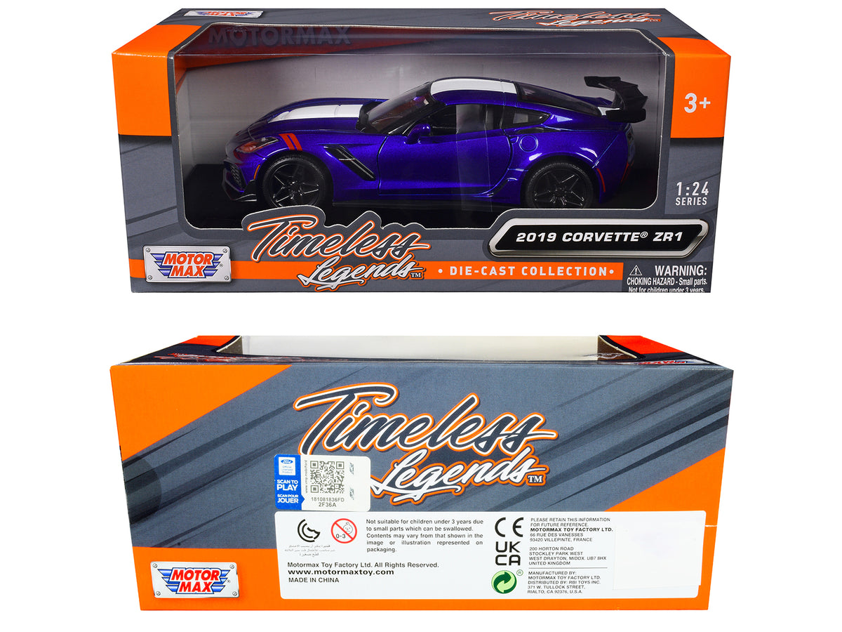 2019 Chevrolet Corvette ZR1 Blue Metallic and White 'Timeless Legends' Series 1/24 Diecast Model Car by Motormax