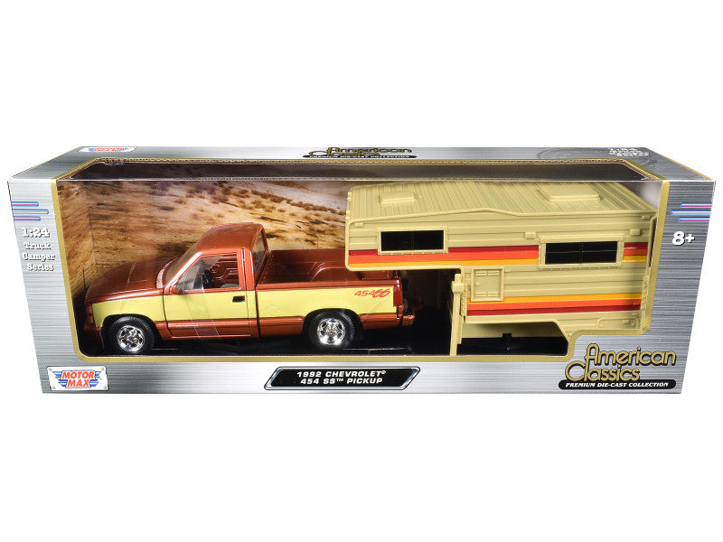 1992 Chevrolet 454 SS Pickup Truck Copper Metallic with Beige Sides with Camper Shell 'American Classics' Series 1/24 Diecast Model Car by Motormax