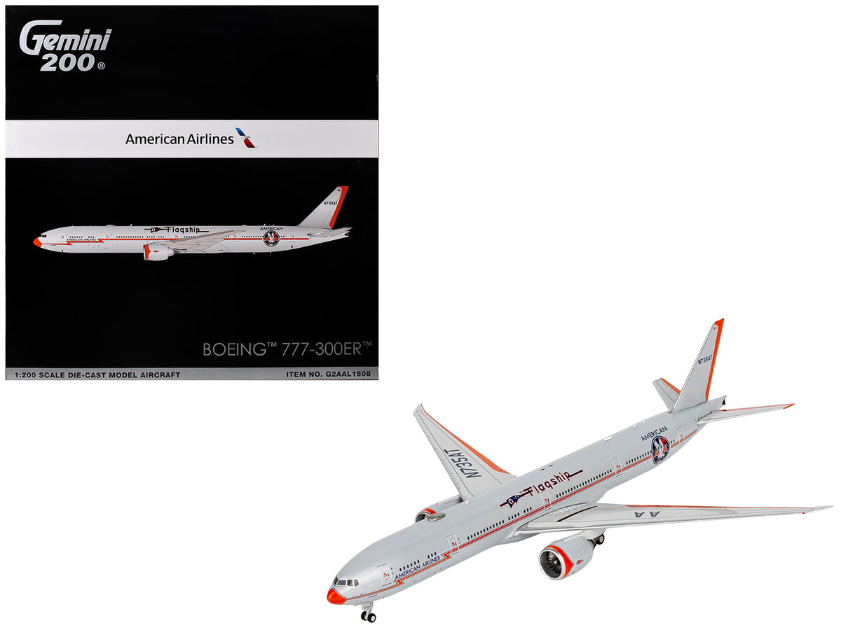 Boeing 777-300ER Commercial Aircraft 'American Airlines - Flagship DFW' (N735AT) Silver with Otange Stripes 'Gemini 200' Series 1/200 Diecast Model by GeminiJets