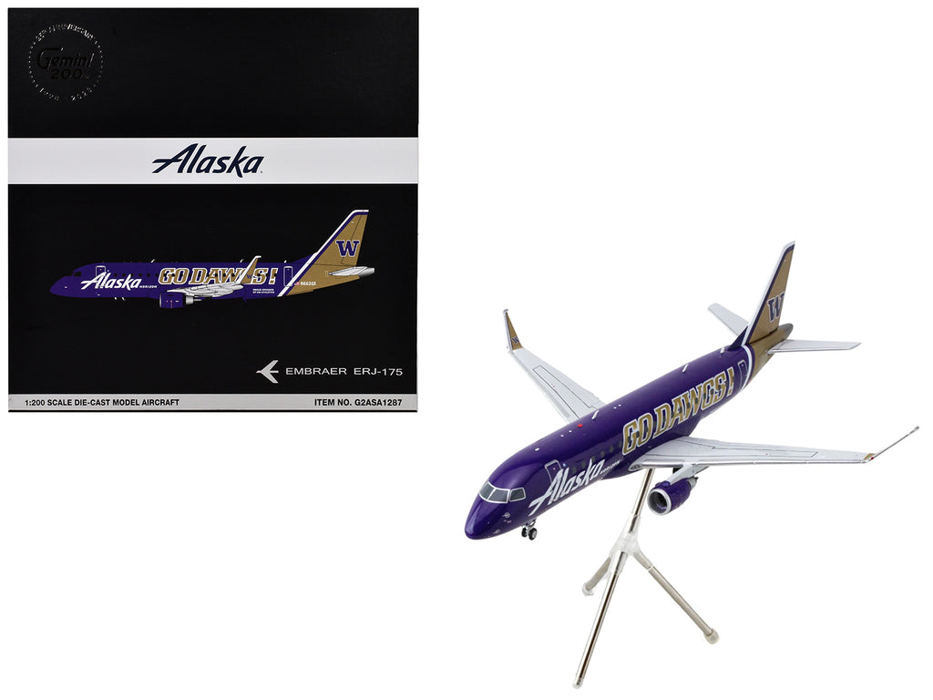 Embraer ERJ-175 Commercial Aircraft 'Alaska Airlines/Horizon - University of Washington Huskies' (N662QX) Purple with Gold Tail 'Gemini 200' Series 1/200 Diecast Model Airplane by GeminiJetsG2ASA1287