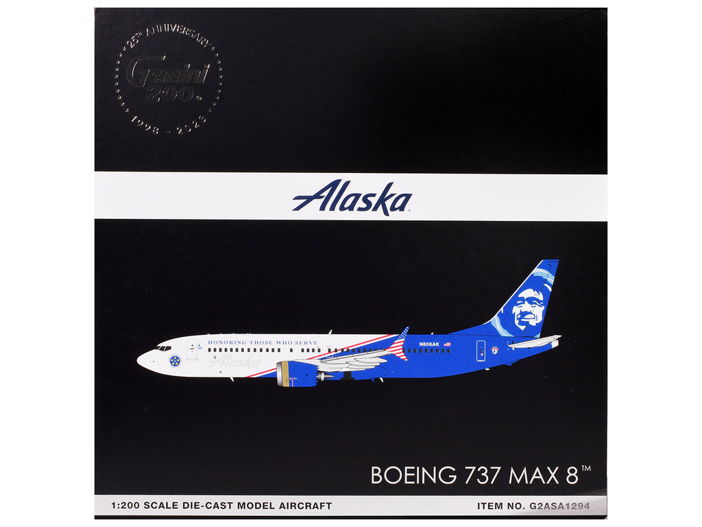 Boeing 737 MAX 8 Commercial Aircraft 'Alaska Airlines - Honoring Those Who Serve' (N806AK) White and Blue 'Gemini 200' Series 1/200 Diecast Model Airplane by GeminiJets