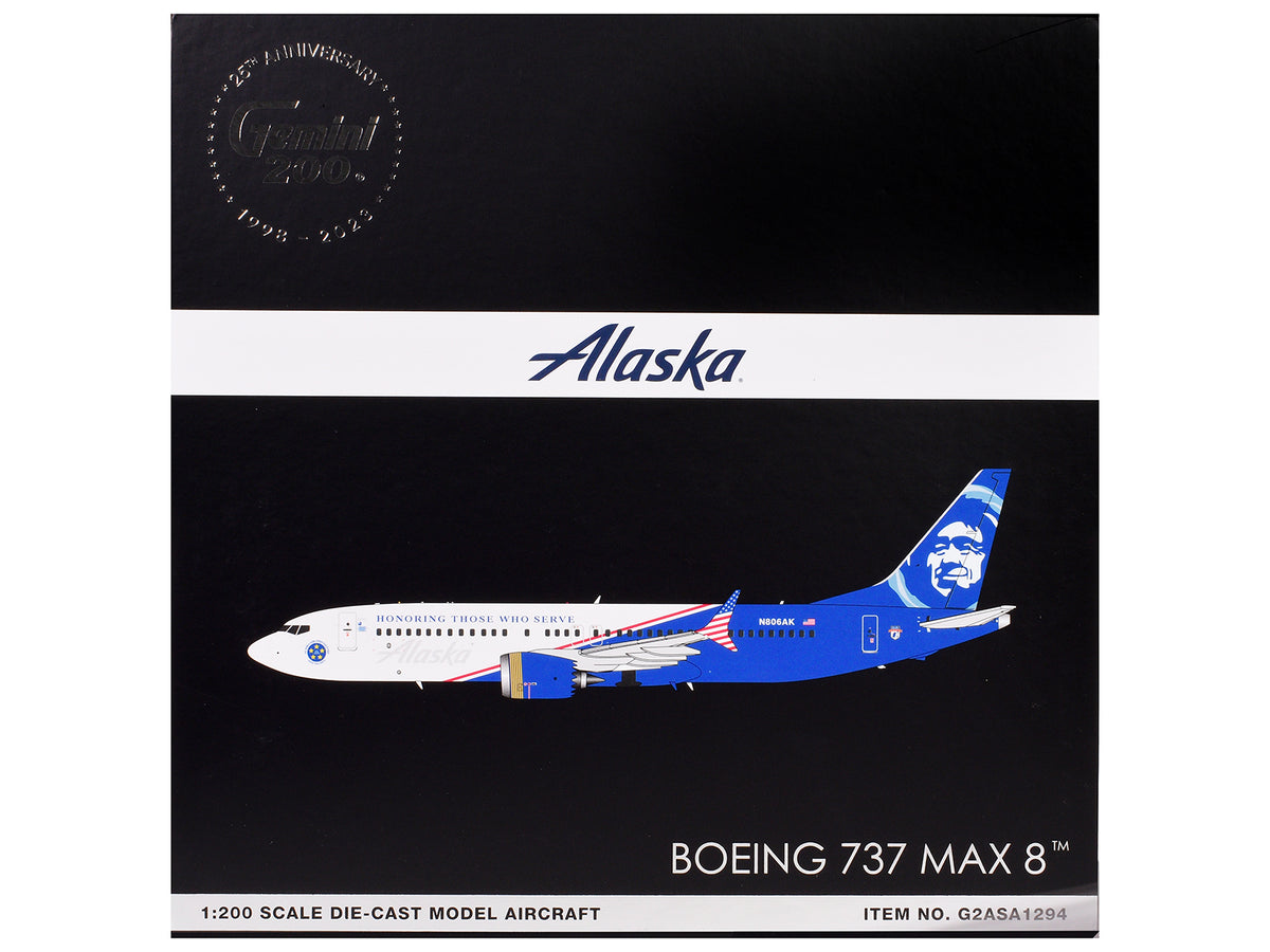 Boeing 737 MAX 8 Commercial Aircraft 'Alaska Airlines - Honoring Those Who Serve' (N806AK) White and Blue 'Gemini 200' Series 1/200 Diecast Model Airplane by GeminiJets