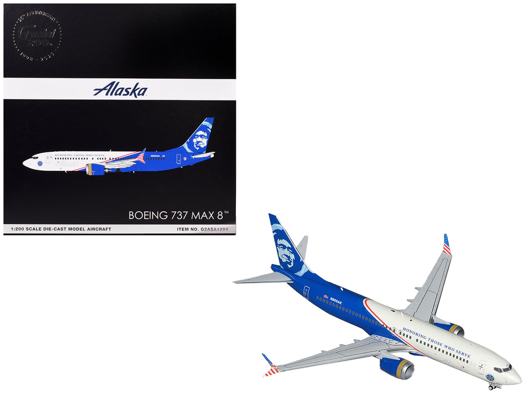 Boeing 737 MAX 8 Commercial Aircraft 'Alaska Airlines - Honoring Those Who Serve' (N806AK) White and Blue 'Gemini 200' Series 1/200 Diecast Model Airplane by GeminiJets