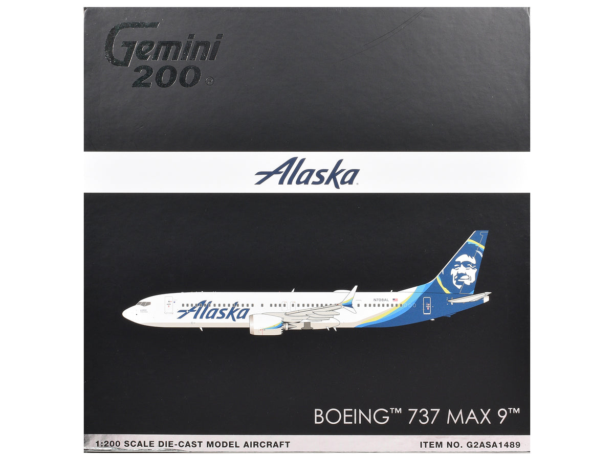 Boeing 737 MAX 9 Commercial Aircraft 'Alaska Airlines' (N708AL) White with Blue Tail 'Gemini 200' Series 1/200 Diecast Model Airplane by GeminiJets