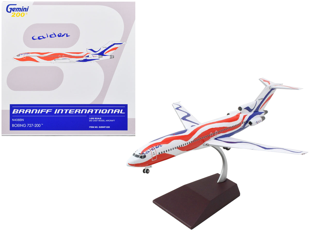 Boeing 727-200 Commercial Aircraft 'Braniff International Airways - Calder Bicentennial Livery' White with Red and Blue Stripes 'Gemini 200' Series 1/200 Diecast Model Airplane by GeminiJets