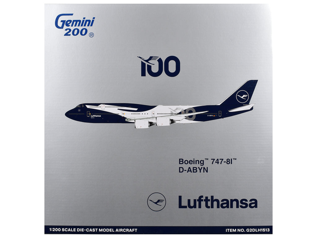 Boeing 747-8I Commercial Aircraft 'Lufthansa 100 Years' (D-ABYN) Dark Blue and White 'Gemini 200' Series 1/200 Diecast Model Airplane by GeminiJets