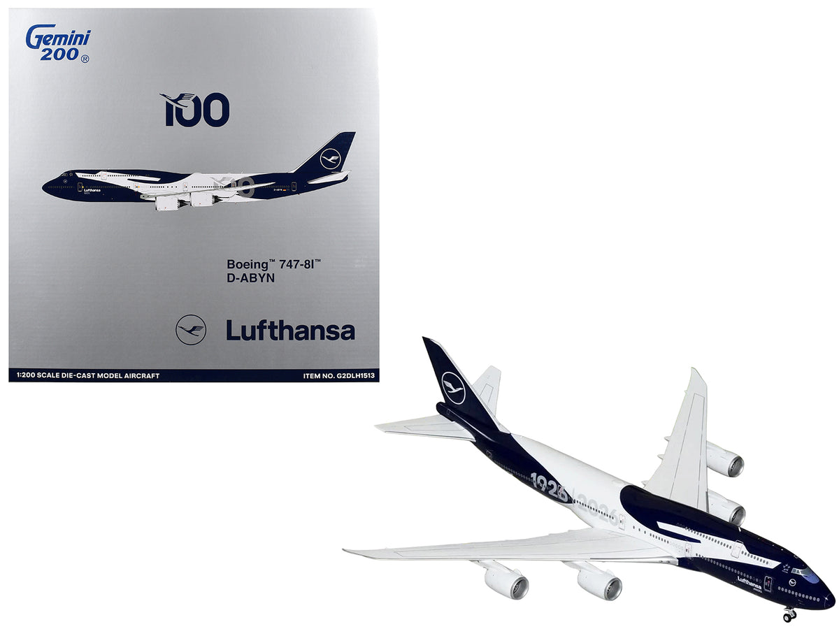 Boeing 747-8I Commercial Aircraft 'Lufthansa 100 Years' (D-ABYN) Dark Blue and White 'Gemini 200' Series 1/200 Diecast Model Airplane by GeminiJets