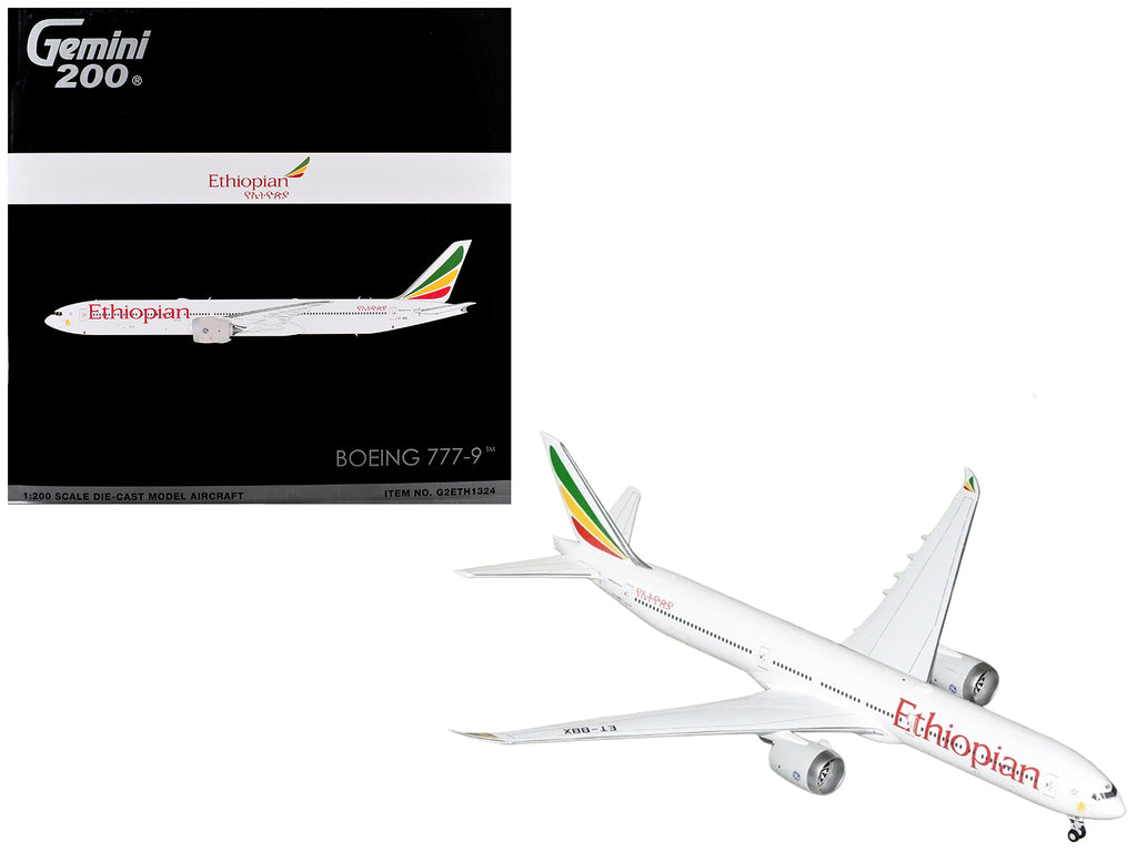 Boeing 777-9 Commercial Aircraft 'Ethiopian Airlines' (ET-BBX) White with Tail Stripes 'Gemini 200' Series 1/200 Diecast Model Airplane by GeminiJets