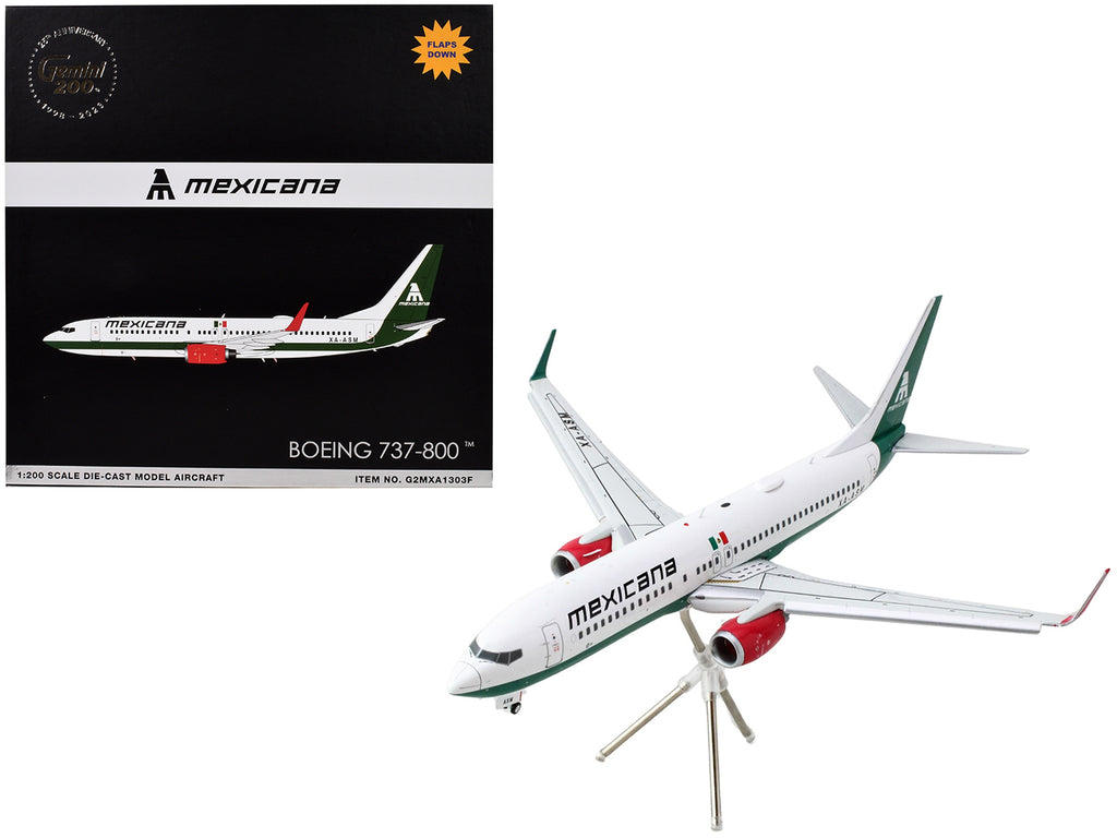 Boeing 737-800 Commercial Aircraft with Flaps Down 'Mexicana' (XA-ASM) White with Green Stripes 'Gemini 200' Series 1/200 Diecast Model Airplane by GeminiJets