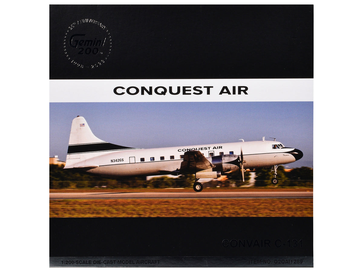 Convair C-131 Commercial Aircraft 'Conquest Air Cargo' (N342GS) White with Black Tail Stripes 'Gemini 200' Series 1/200 Diecast Model Airplane by GeminiJets