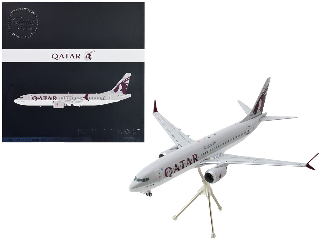 Boeing 737 MAX 8 Commercial Aircraft 'Qatar Airways' Gray and White with Tail Graphics 'Gemini 200' Series 1/200 Diecast Model Airplane by GeminiJets