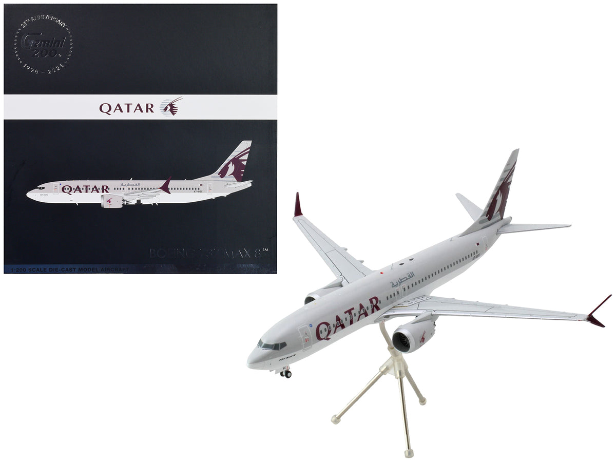 Boeing 737 MAX 8 Commercial Aircraft 'Qatar Airways' Gray and White with Tail Graphics 'Gemini 200' Series 1/200 Diecast Model Airplane by GeminiJets