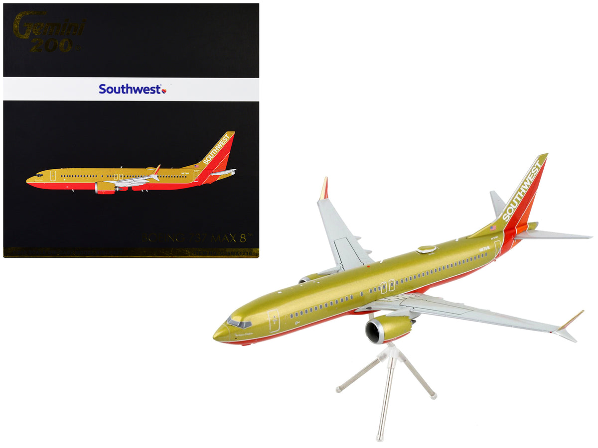 Boeing 737 MAX 8 Commercial Aircraft 'Southwest Airlines' Gold and Red 'Gemini 200' Series 1/200 Diecast Model Airplane by GeminiJets