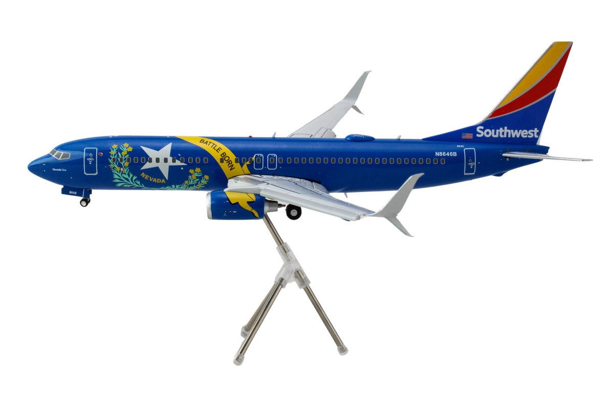 Boeing 737-800 Commercial Aircraft with Flaps Down 'Southwest Airlines - Nevada One' (N8646B) Blue with Tail Stripes 'Gemini 200' Series 1/200 Diecast Model Airplane by GeminiJets