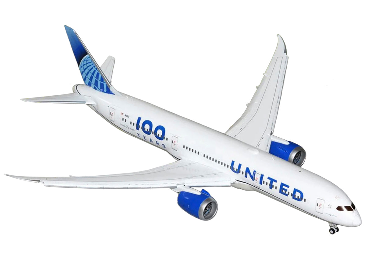 Boeing 787-9 Commercial Aircraft with Flaps Down 'United Airlines 100 Years' (N61101) White with Graphics and Blue Tail 'Gemini 200' Series 1/200 Diecast Model by GeminiJets