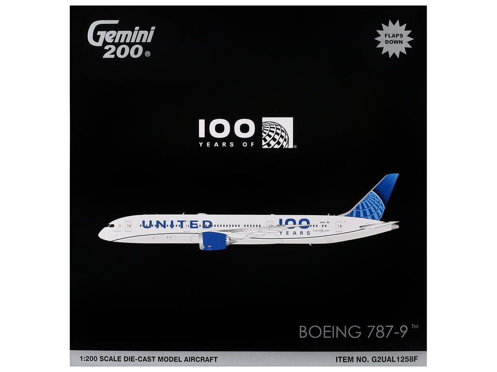 Boeing 787-9 Commercial Aircraft with Flaps Down 'United Airlines 100 Years' (N61101) White with Graphics and Blue Tail 'Gemini 200' Series 1/200 Diecast Model by GeminiJets