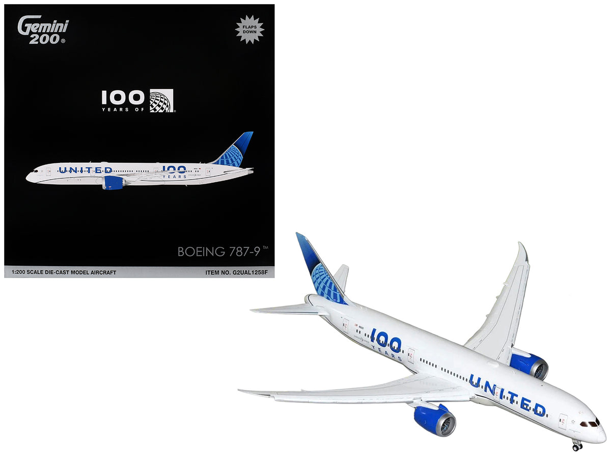 Boeing 787-9 Commercial Aircraft with Flaps Down 'United Airlines 100 Years' (N61101) White with Graphics and Blue Tail 'Gemini 200' Series 1/200 Diecast Model by GeminiJets