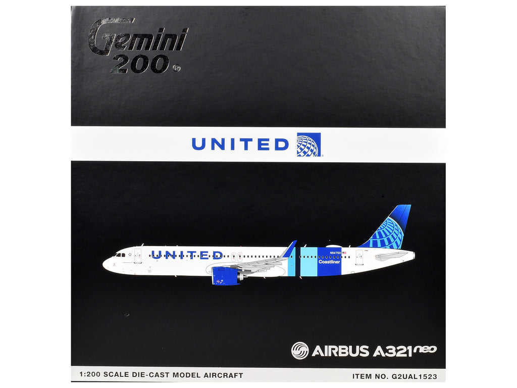 Airbus A321neo Commercial Aircraft 'United Airlines Coastliner' (N94750) White with Blue Stripes 'Gemini 200' Series 1/200 Diecast Model Airplane by GeminiJets