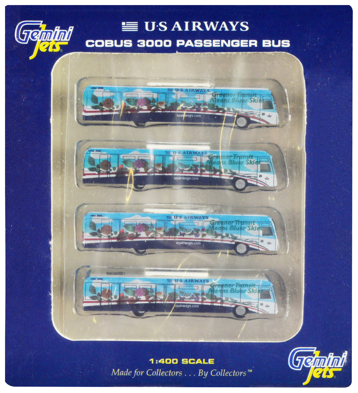 Cobus 3000 Passenger Bus White and Blue with Graphics 'US Airways Shuttle Bus - Greener Transit' 4 Piece Set 1/400 Diecast Models by GeminiJets