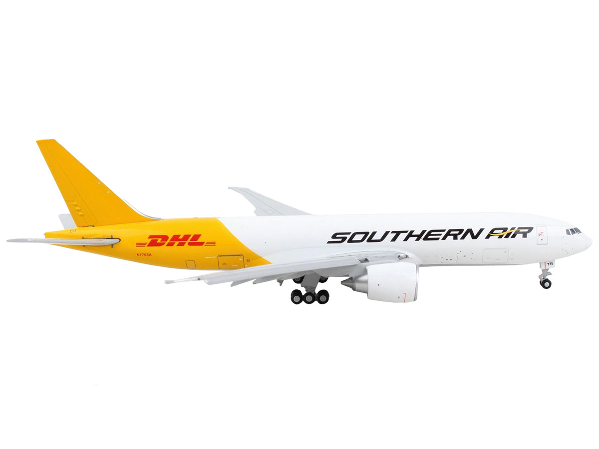 Boeing 777F Commercial Aircraft with Flaps Down 'Southern Air - DHL' White and Yellow 1/400 Diecast Model Airplane by GeminiJets