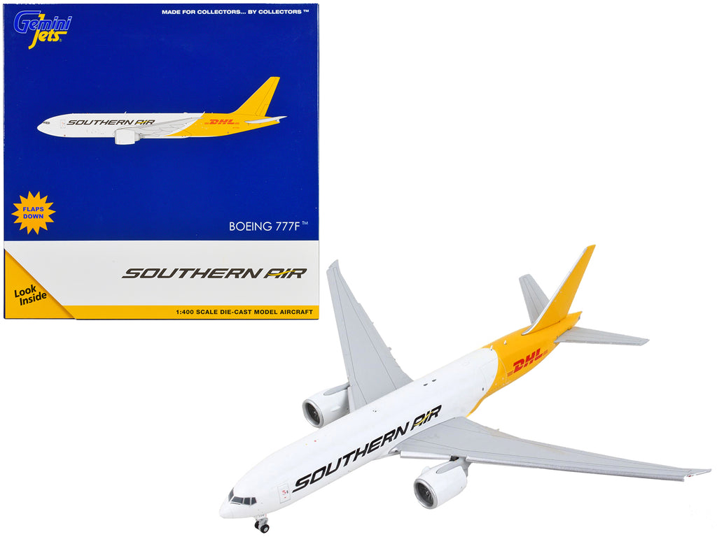Boeing 777F Commercial Aircraft with Flaps Down 'Southern Air - DHL' White and Yellow 1/400 Diecast Model Airplane by GeminiJets