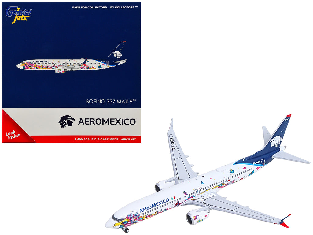 Boeing 737 MAX 9 Commercial Aircraft 'Aeromexico - Kukulcan' (XA-GQS) White with Graphics and Blue Tail 1/400 Diecast Model by GeminiJets