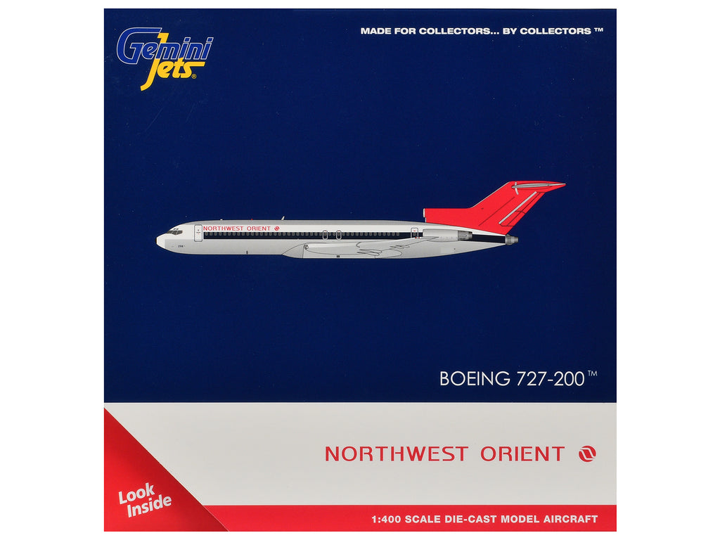 Boeing 727-200 Commercial Aircraft 'Northwest Orient' (N298US) Silver with White Stripes and Red Tail 1/400 Diecast Model by GeminiJets