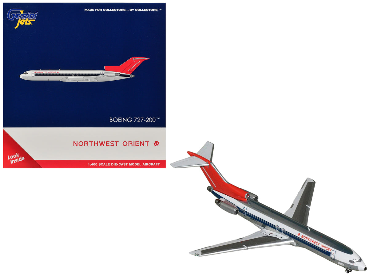 Boeing 727-200 Commercial Aircraft 'Northwest Orient' (N298US) Silver with White Stripes and Red Tail 1/400 Diecast Model by GeminiJets