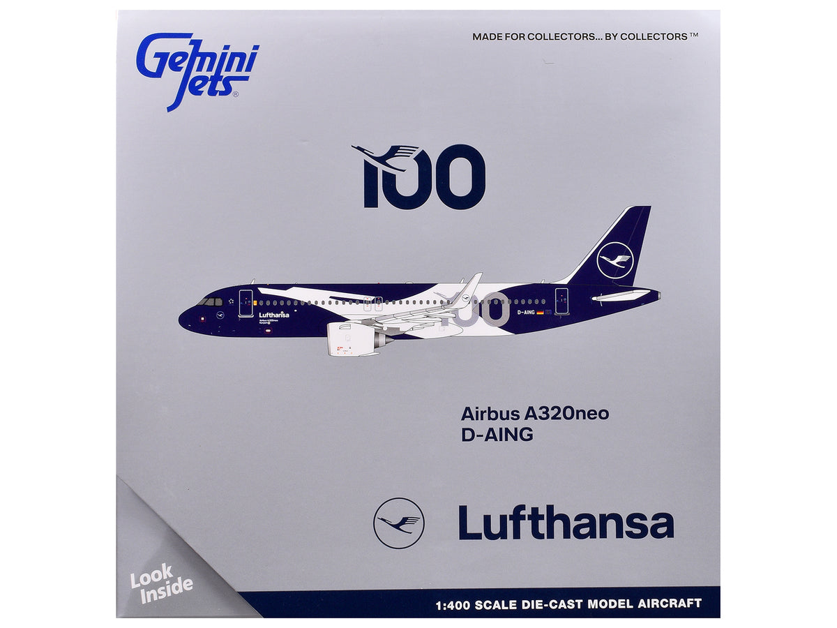 Airbus A320neo Commercial Aircraft 'Lufthansa 100th Anniversary' (D-AING) White and Dark Blue 1/400 Diecast Model Airplane by GeminiJets