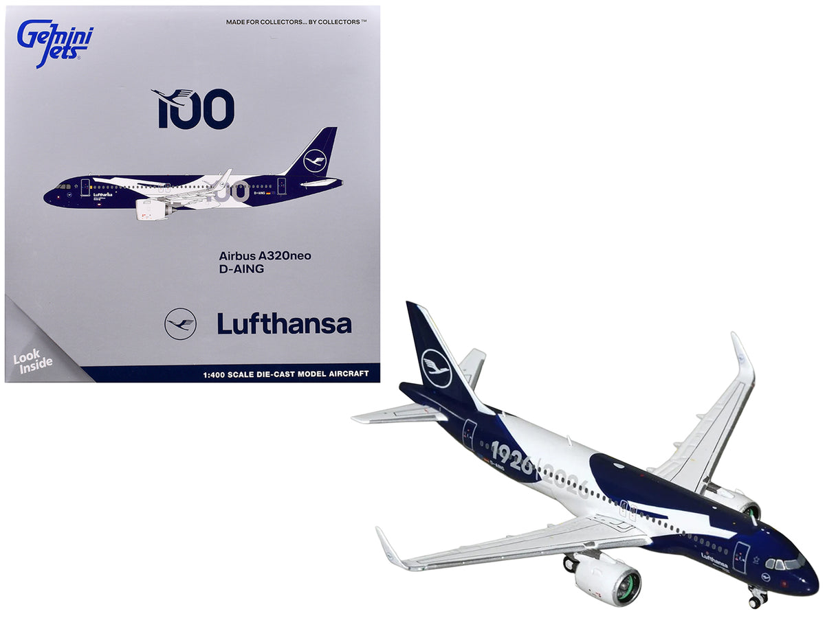 Airbus A320neo Commercial Aircraft 'Lufthansa 100th Anniversary' (D-AING) White and Dark Blue 1/400 Diecast Model Airplane by GeminiJets