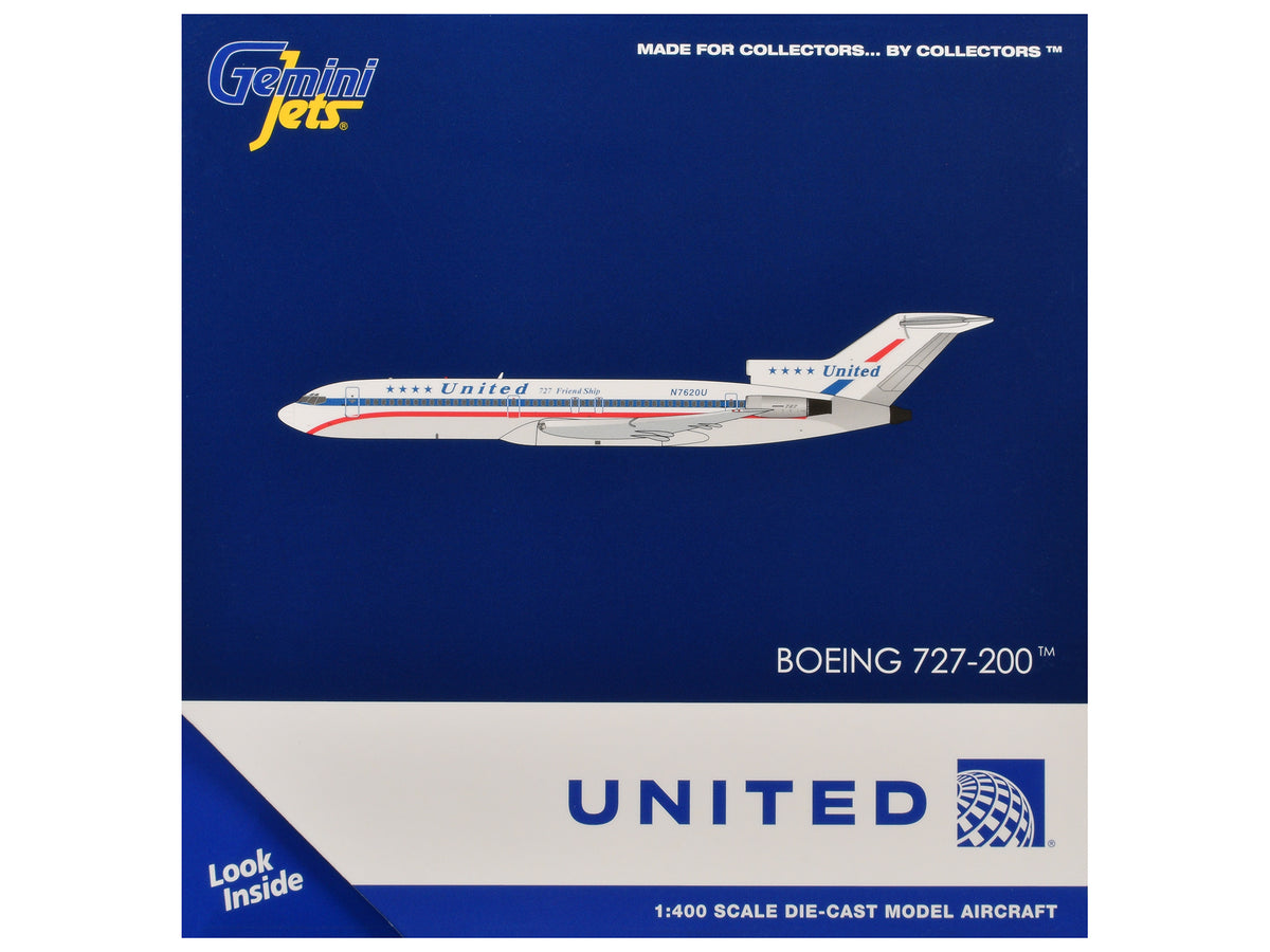 Boeing 727-200 Commercial Aircraft 'United Airlines - Stars & Bars/Friend Ship' (N7620U) White with Red and Blue Stripes 1/400 Diecast Model Airplane by GeminiJets