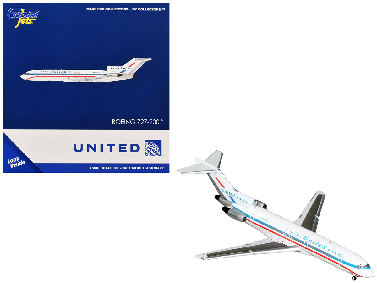 Boeing 727-200 Commercial Aircraft 'United Airlines - Stars & Bars/Friend Ship' (N7620U) White with Red and Blue Stripes 1/400 Diecast Model Airplane by GeminiJets